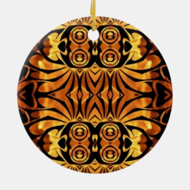 orange flames Native totem pole tribal pattern Ceramic Tree Decoration (Back)