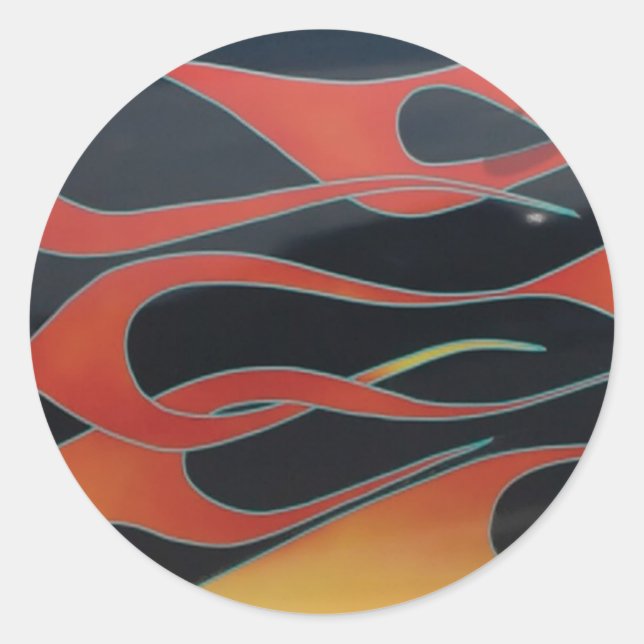 orange flames on black classic round sticker (Front)