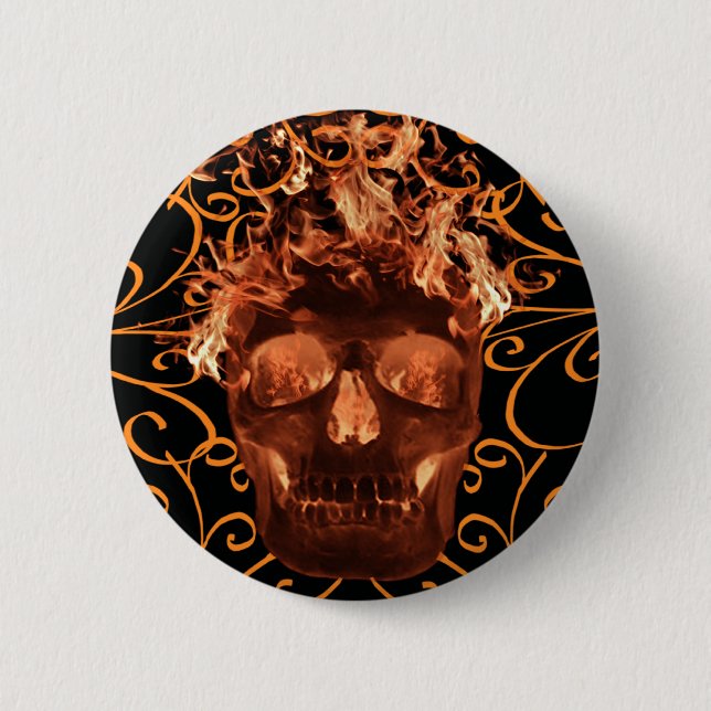Orange Flaming Skull Button (Front)