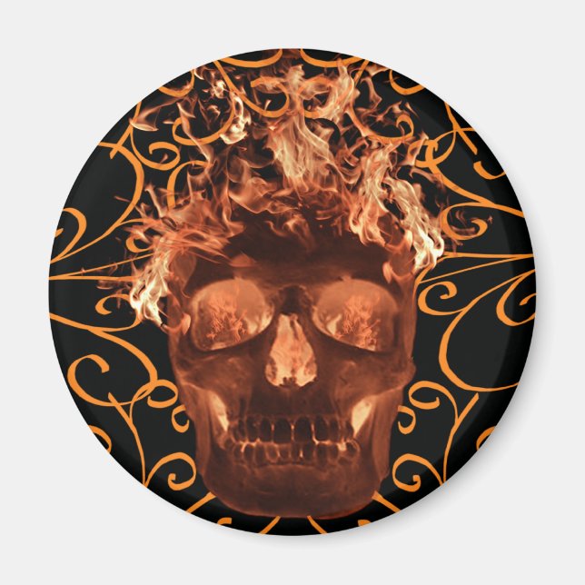 Orange Flaming Skull Magnet (Front)