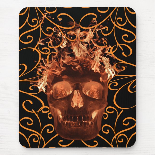 Orange Flaming Skull Mouse Pad (Front)