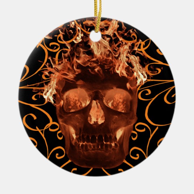 Orange Flaming Skull Ornament (Front)