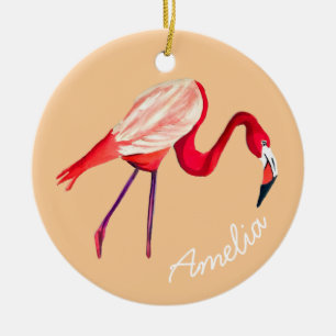 Orange flamingo watercolor bird art ceramic tree decoration