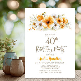 Orange Floral 40th Birthday Party Invitation
