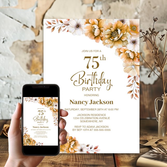 Orange Floral 75th Birthday Party Invitation (Creator Uploaded)