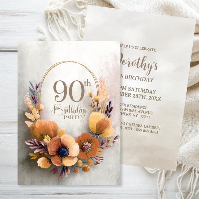 Orange Floral 90th Birthday Party Invitation (Creator Uploaded)