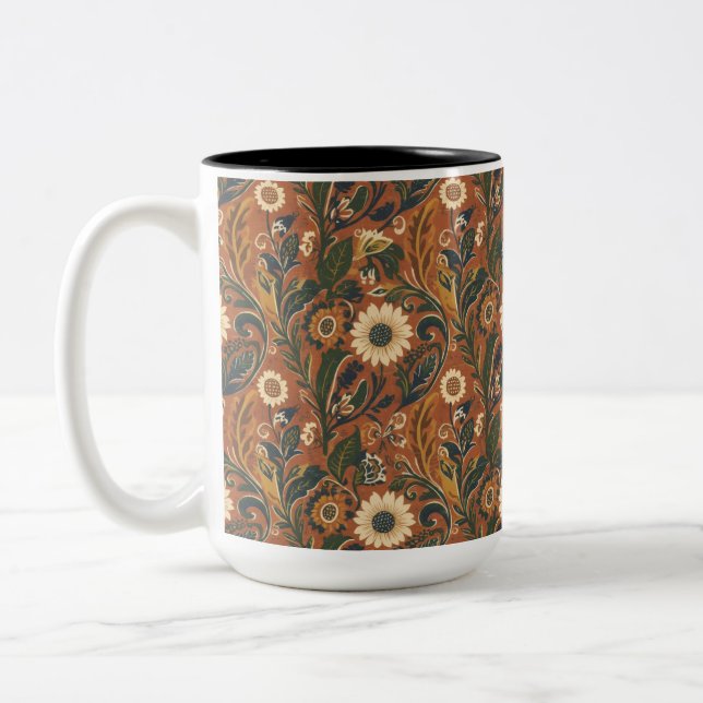 Orange Floral Aesthetic Two-Tone Coffee Mug (Left)