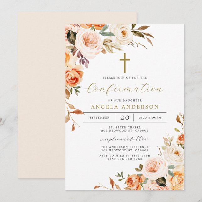 Orange Floral Baptism/Confirmation Invitation (Front/Back)