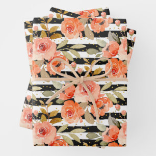 Orange Floral Black White Stripes Dots Wrapping Paper Sheet