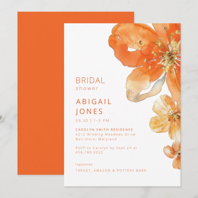 Orange Floral Bridal Shower II Invitation (Front/Back)