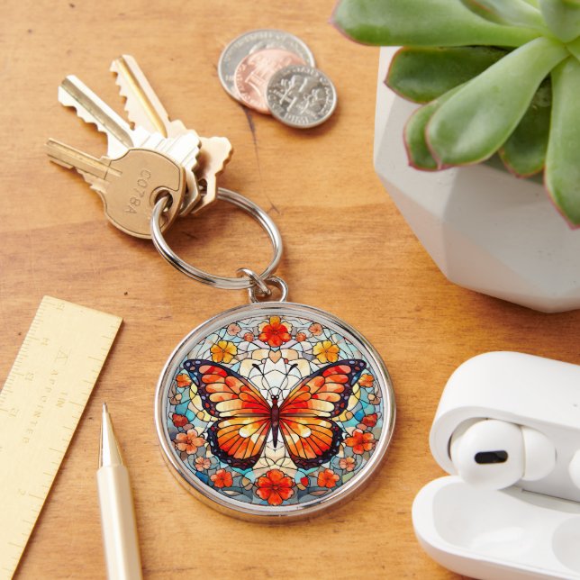 Orange Floral Butterfly Stained Glass Key Ring (Desk)