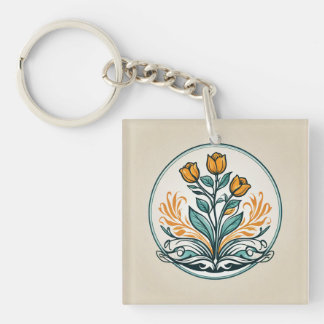 Orange Floral Button Key Ring