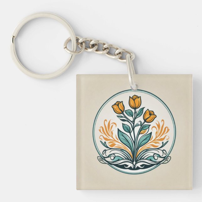 Orange Floral Button Key Ring (Front)