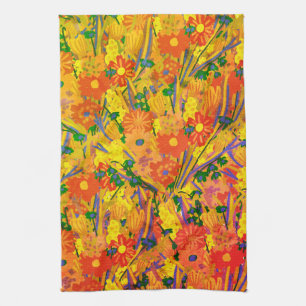 Orange Floral Cheerful  Tea Towel