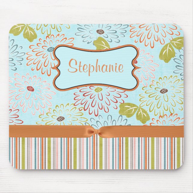 Orange Floral Customisable Monogram Mouse Pad (Front)