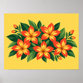 Orange Floral Design with Green Leaves Poster