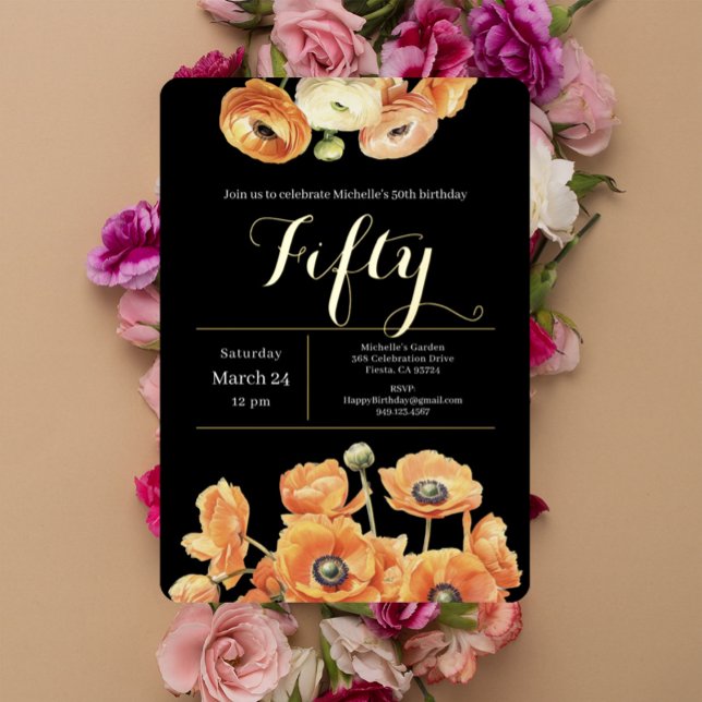 Orange Floral Elegant Black 50th Birthday Party (Creator Uploaded)