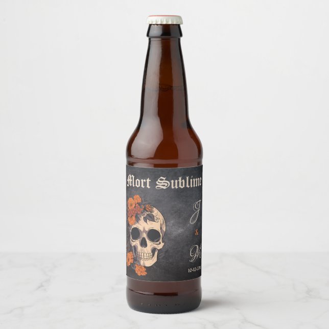Orange Floral Elegant Skull Monogram Wedding beer  Beer Bottle Label (Front)