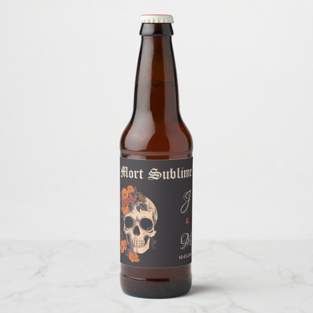 Orange Floral Elegant Skull Monogram Wedding beer  Beer Bottle Label (Front)