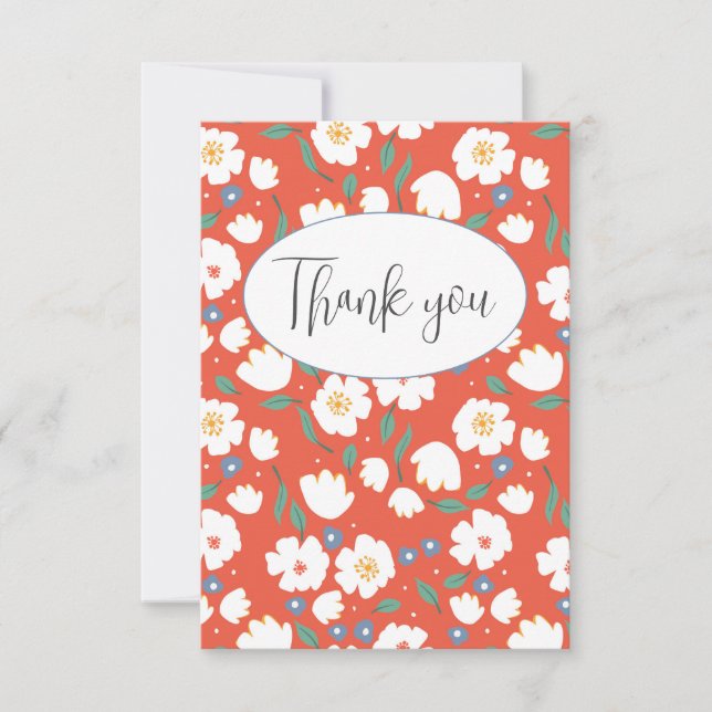Orange Floral Flat Thank You Card (Front)