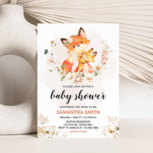 Orange Floral Fox Baby Shower Invitation