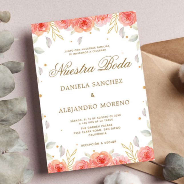 Orange Floral Gold Nuestra Boda Spanish Wedding Invitation (Creator Uploaded)