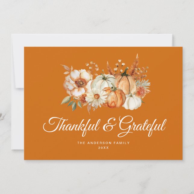 Orange floral Grateful and thankful thanksgiving Holiday Card (Front)