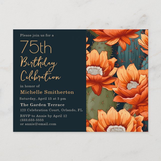 Orange Floral Green Cactus Navy 75th Birthday  Invitation Postcard (Front)