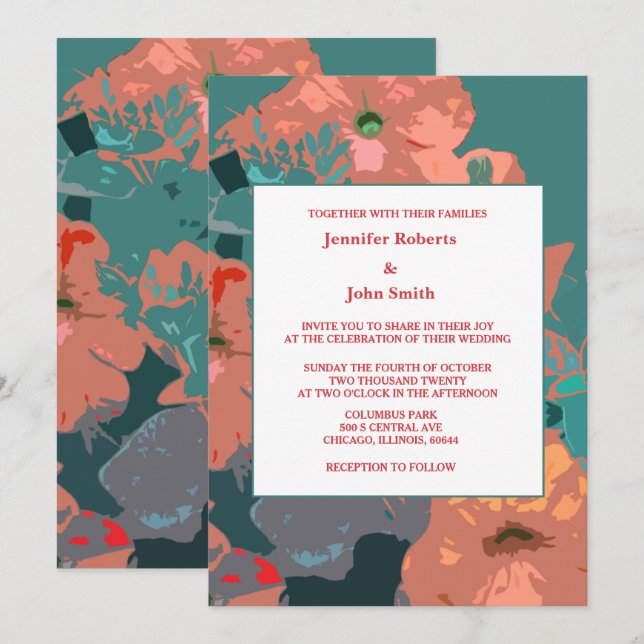 Orange Floral Green Leaves Art Abstract Wedding Invitation (Front/Back)