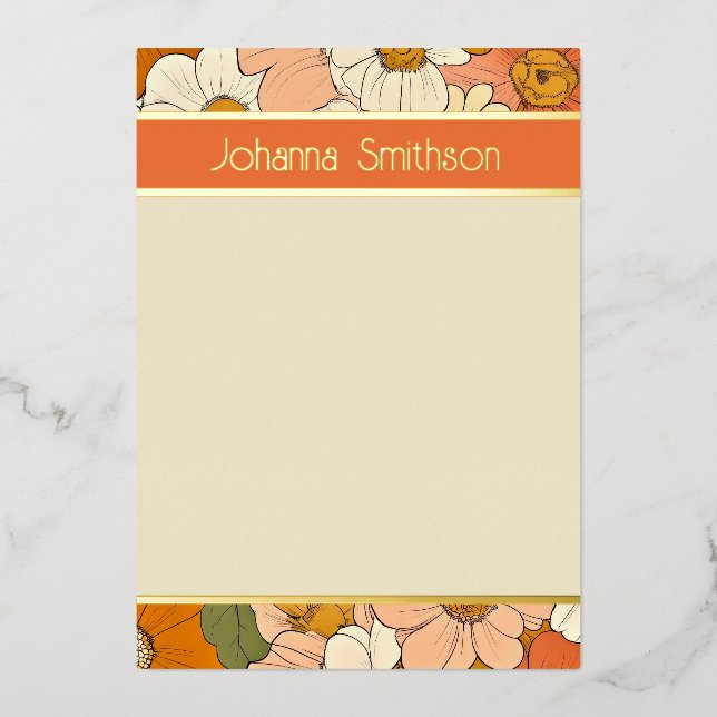 Orange Floral Groove Vertical Foil Stationery (Front)