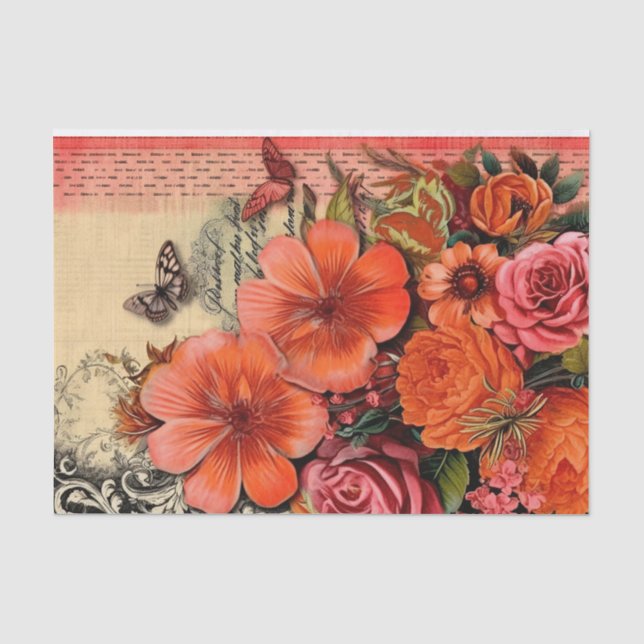 Orange Floral Junk Journal Decoupage Tissue Paper (Front)