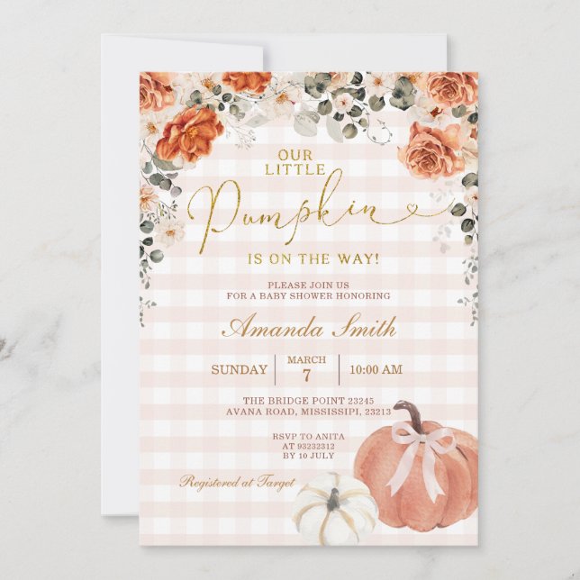 Orange Floral Little Pumpkin Gingham Baby Shower Invitation (Front)