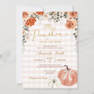 Orange Floral Little Pumpkin Gingham Baby Shower Invitation