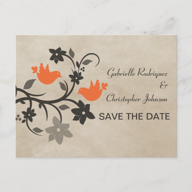 Orange Floral Lovebirds Save the Date Postcard (Front)