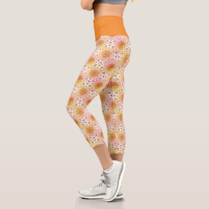 Orange Floral Mandala Circle Batik Pattern  Capri Leggings