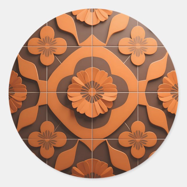 Orange Floral Medallion Geometric Tile Pattern Classic Round Sticker (Front)