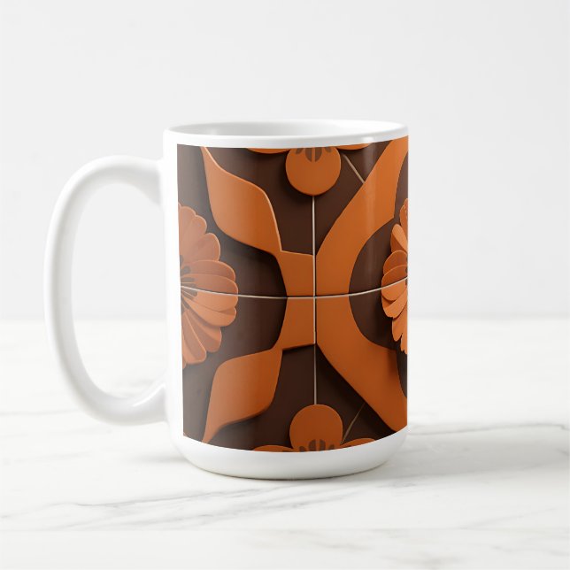 Orange Floral Medallion Geometric Tile Pattern Coffee Mug (Left)