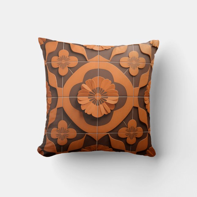 Orange Floral Medallion Geometric Tile Pattern Cushion (Front)