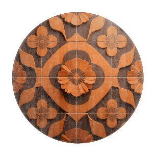 Orange Floral Medallion Geometric Tile Pattern Cutting Board