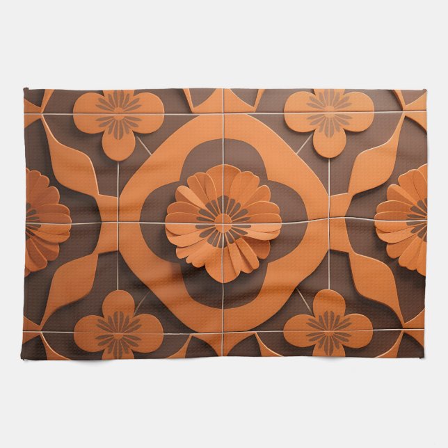 Orange Floral Medallion Geometric Tile Pattern Tea Towel (Horizontal)