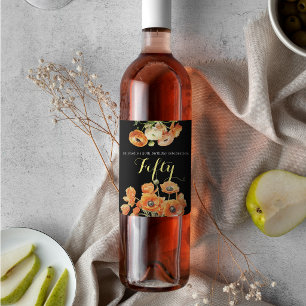 Orange Floral Modern Black 50th Birthday Party Wine Label