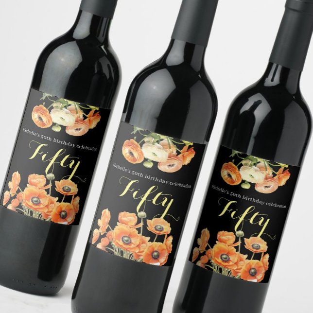 Orange Floral Modern Black 50th Birthday Party Wine Label (Creator Uploaded)