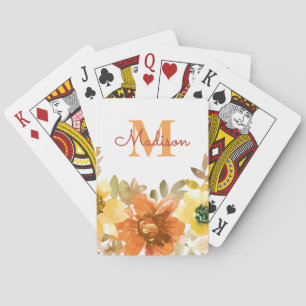 Orange Floral Monogram Name Gift Playing Cards