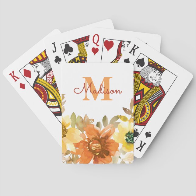 Orange Floral Monogram Name Gift Playing Cards (Back)