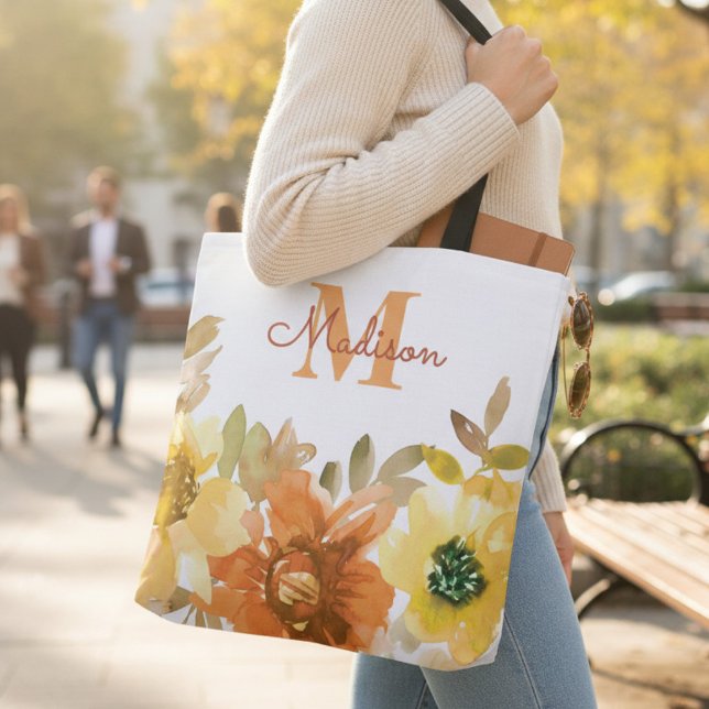 Orange Floral Monogram Name Gift Tote Bag (Creator Uploaded)