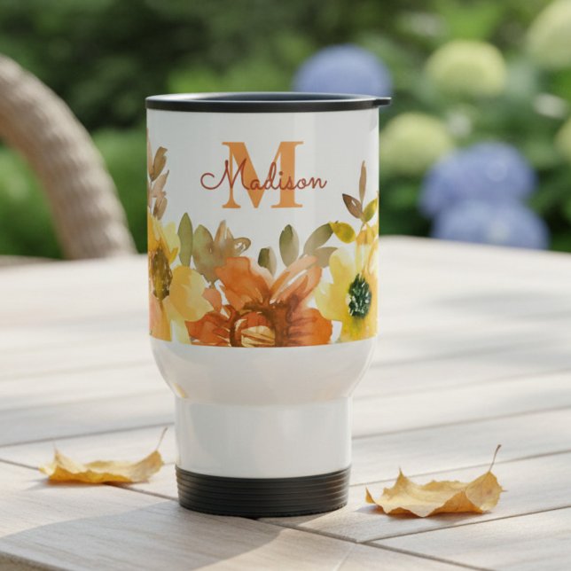 Orange Floral Monogram Name Gift Travel Mug (Creator Uploaded)