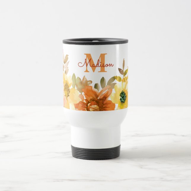 Orange Floral Monogram Name Gift Travel Mug (Center)
