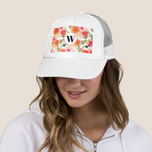 Orange Floral Monogram Trucker Hat