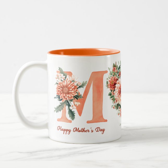 Orange Floral Mum Two-Tone Coffee Mug (Left)
