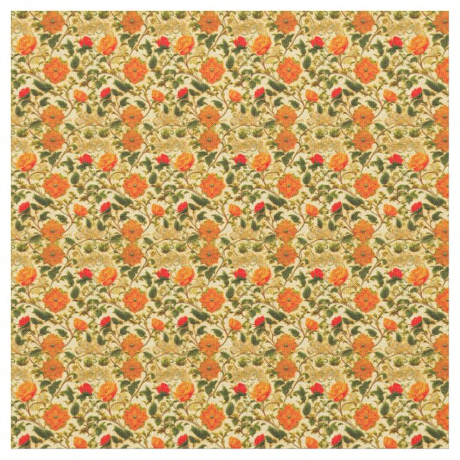 Orange Floral on Yellow Background Fabric (Close Up)